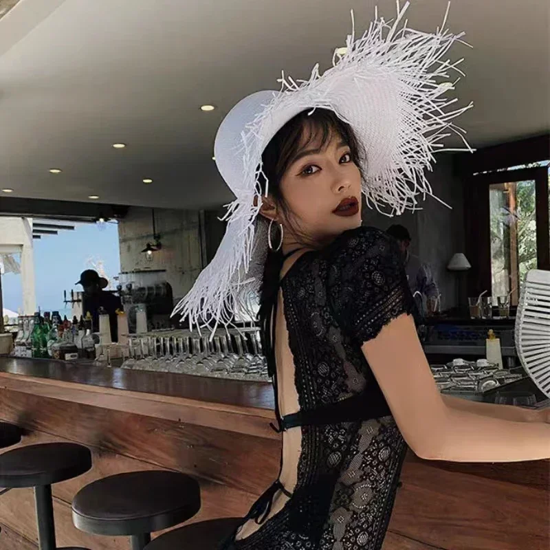 女性用つばの広い無地の日よけ帽,UV保護,UPF麦わら帽子, - Paper Straw Color のレビューと価格