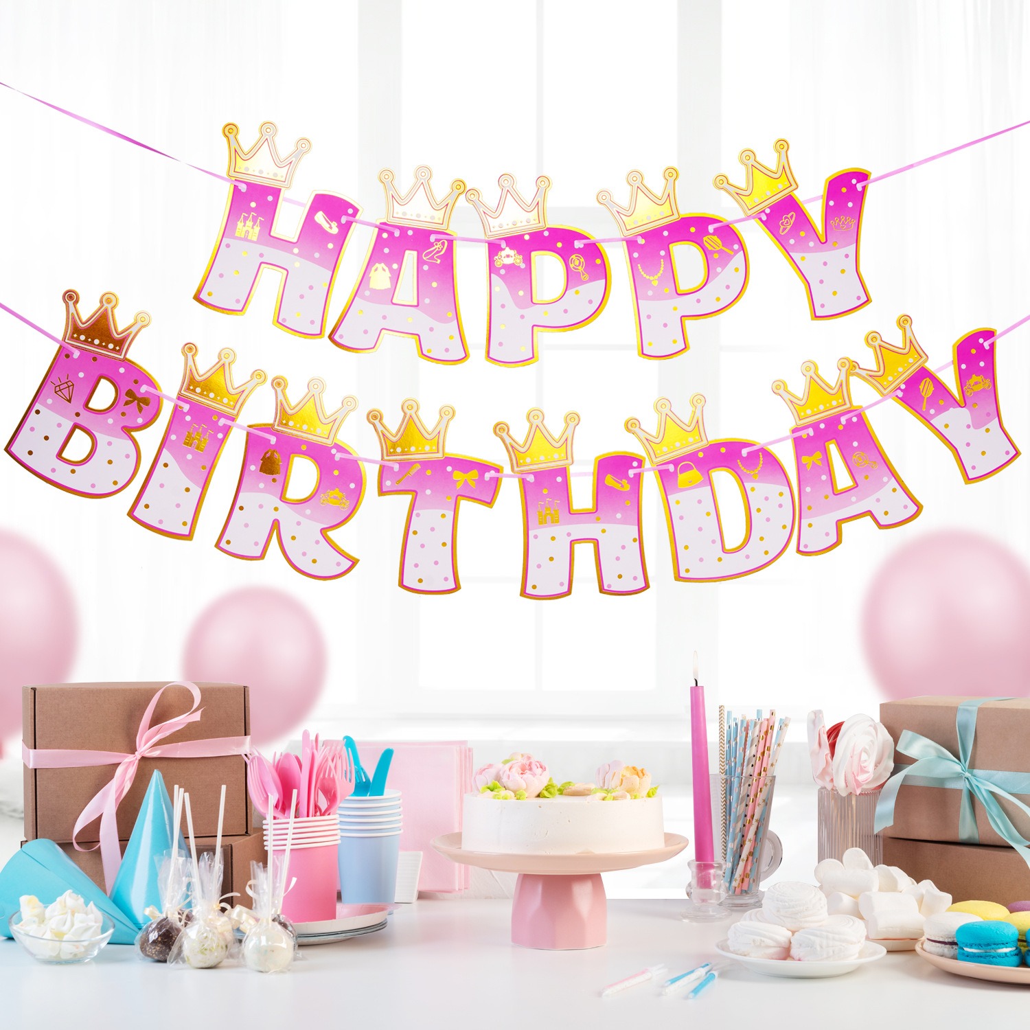 ピンクのプリンセスフローラルバナー,誕生日のテーマ,出生前の - Party Banner Gold のレビューと価格