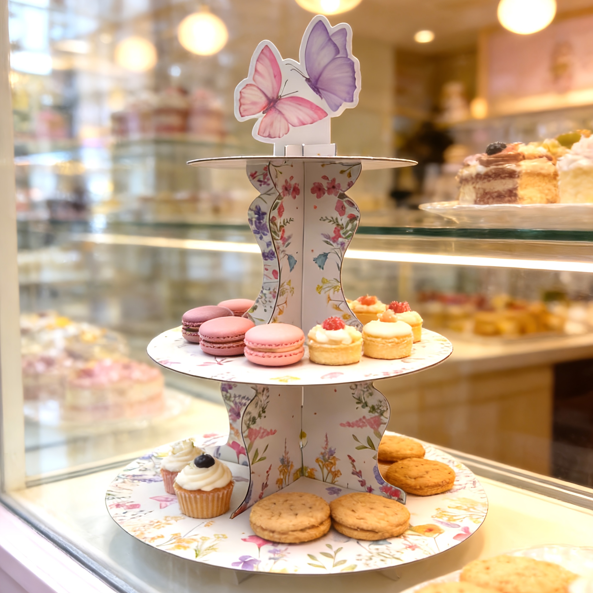 3段ワイルドフラワーバタフライケーキスタンド、春をテーマにし - Cupcake Stand Tier のレビューと価格