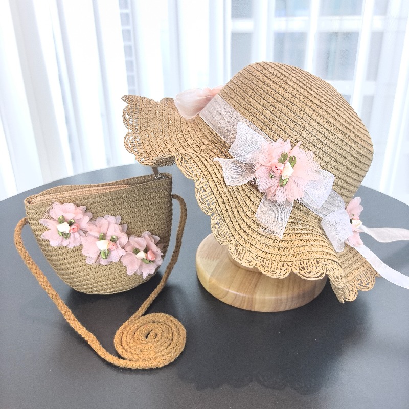 女の子用2ピース麦わら帽子、無地、アウトドア旅行用サンハット - Paper Straw Color のレビューと価格