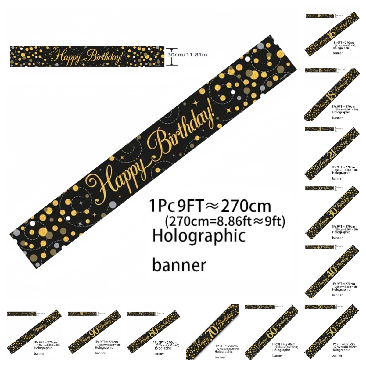 ブラックゴールドホログラフィック誕生日バナー 9フィート グ - Party Banner Gold のレビューと価格