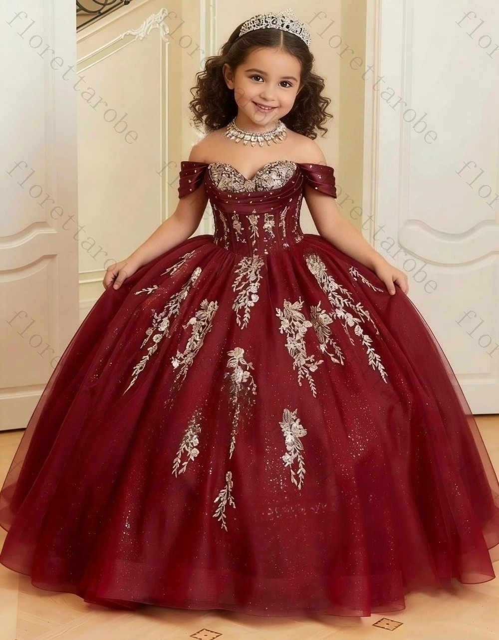 カスタマイズされたバーガンディオフショルダーフラワーガールド - Birthday Sash Glitter のレビューと価格